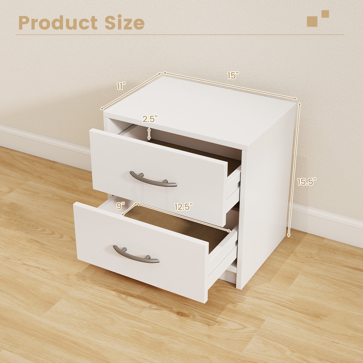 2 Drawer Nightstand with Storage for Living Room-White Kids Crystal