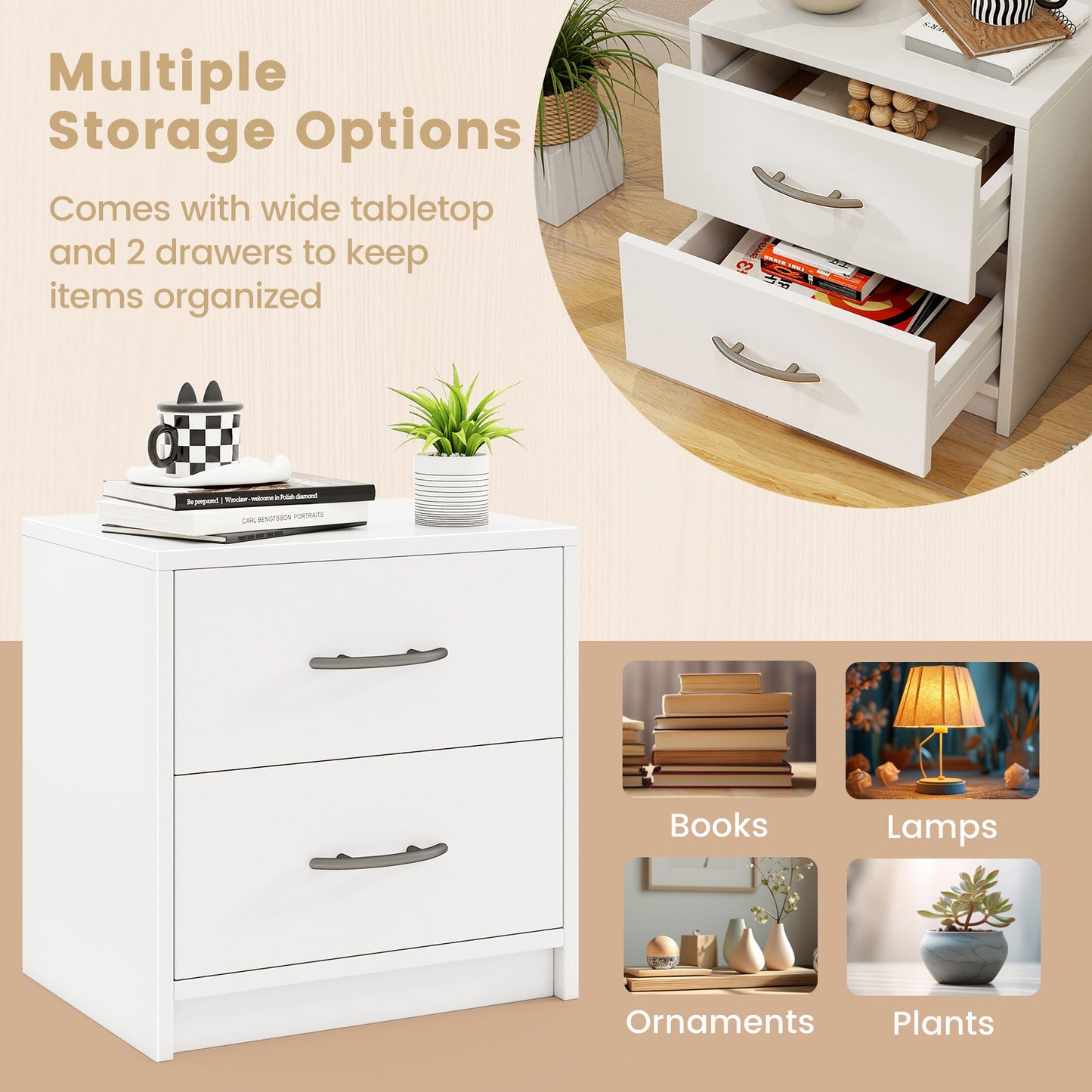 2 Drawer Nightstand with Storage for Living Room-White Kids Crystal