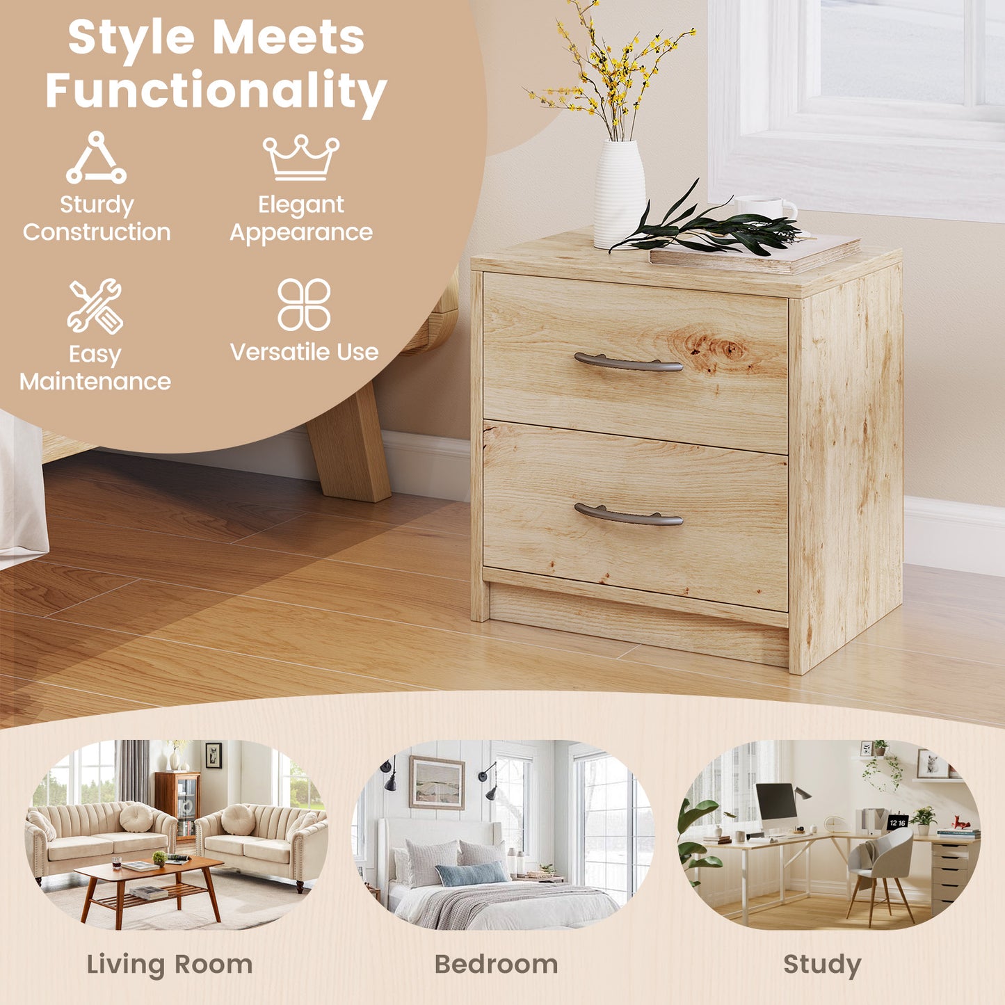 2 Drawer Nightstand with Storage for Living Room-Oak Kids Crystal