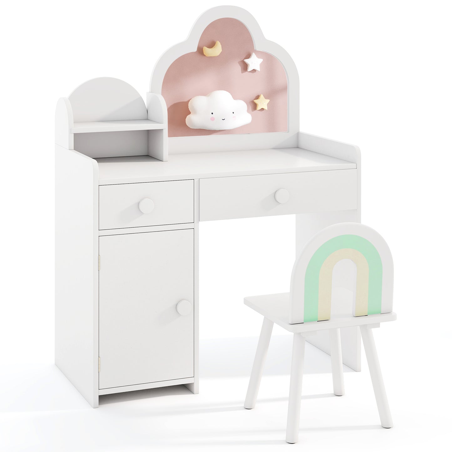Kids Vanity Table and Chair Set with Cloud-shaped Mirror and Open Shelf-White Kids Crystal