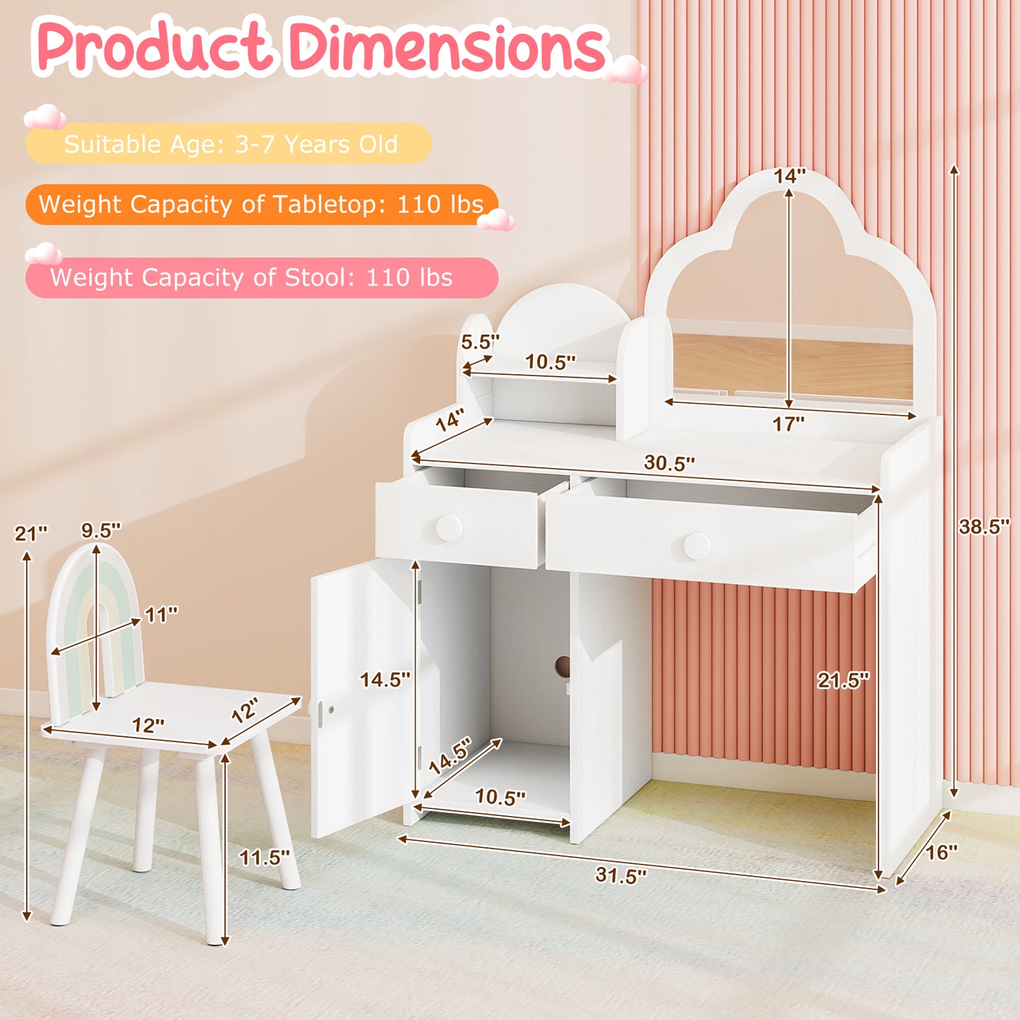 Kids Vanity Table and Chair Set with Cloud-shaped Mirror and Open Shelf-White Kids Crystal