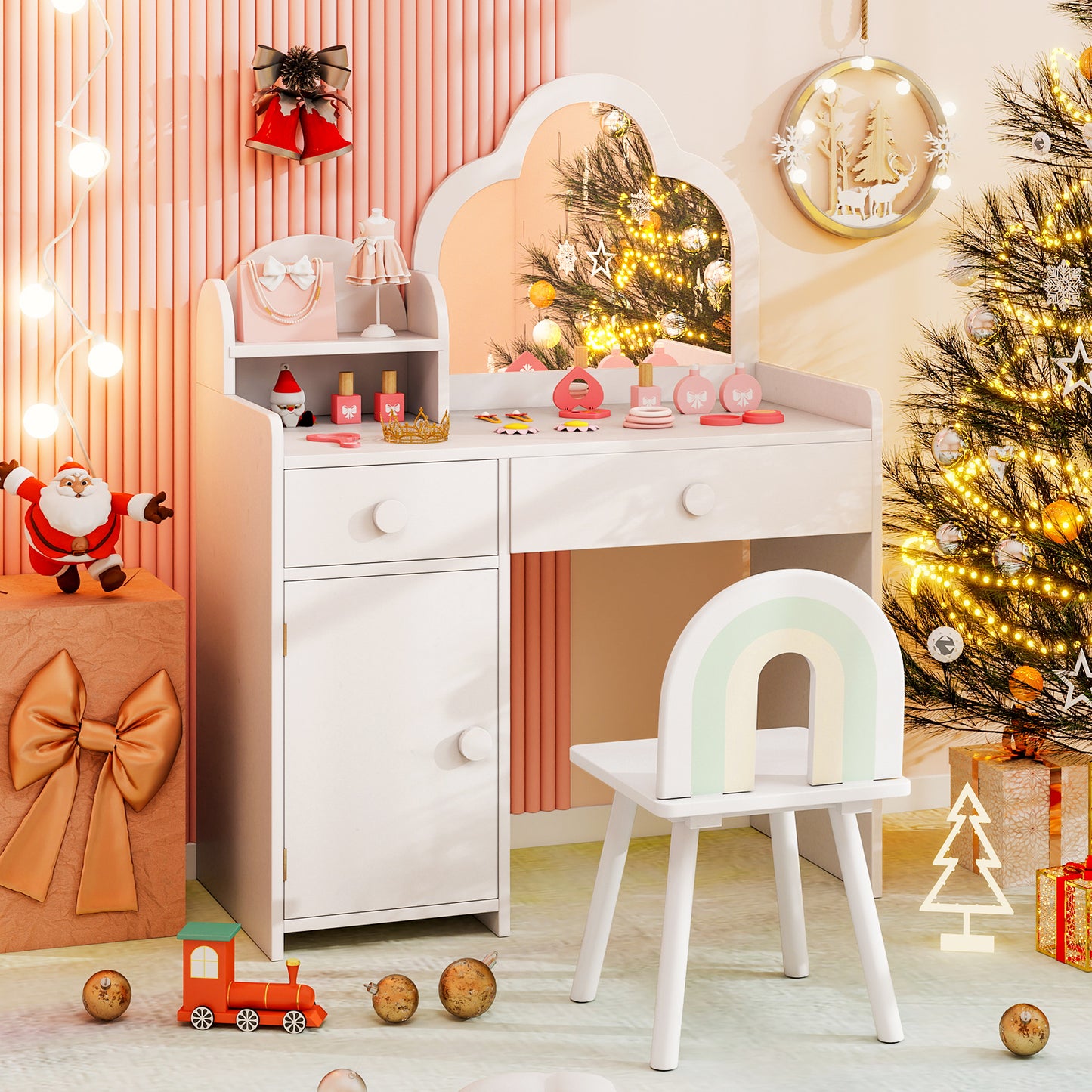 Kids Vanity Table and Chair Set with Cloud-shaped Mirror and Open Shelf-White Kids Crystal