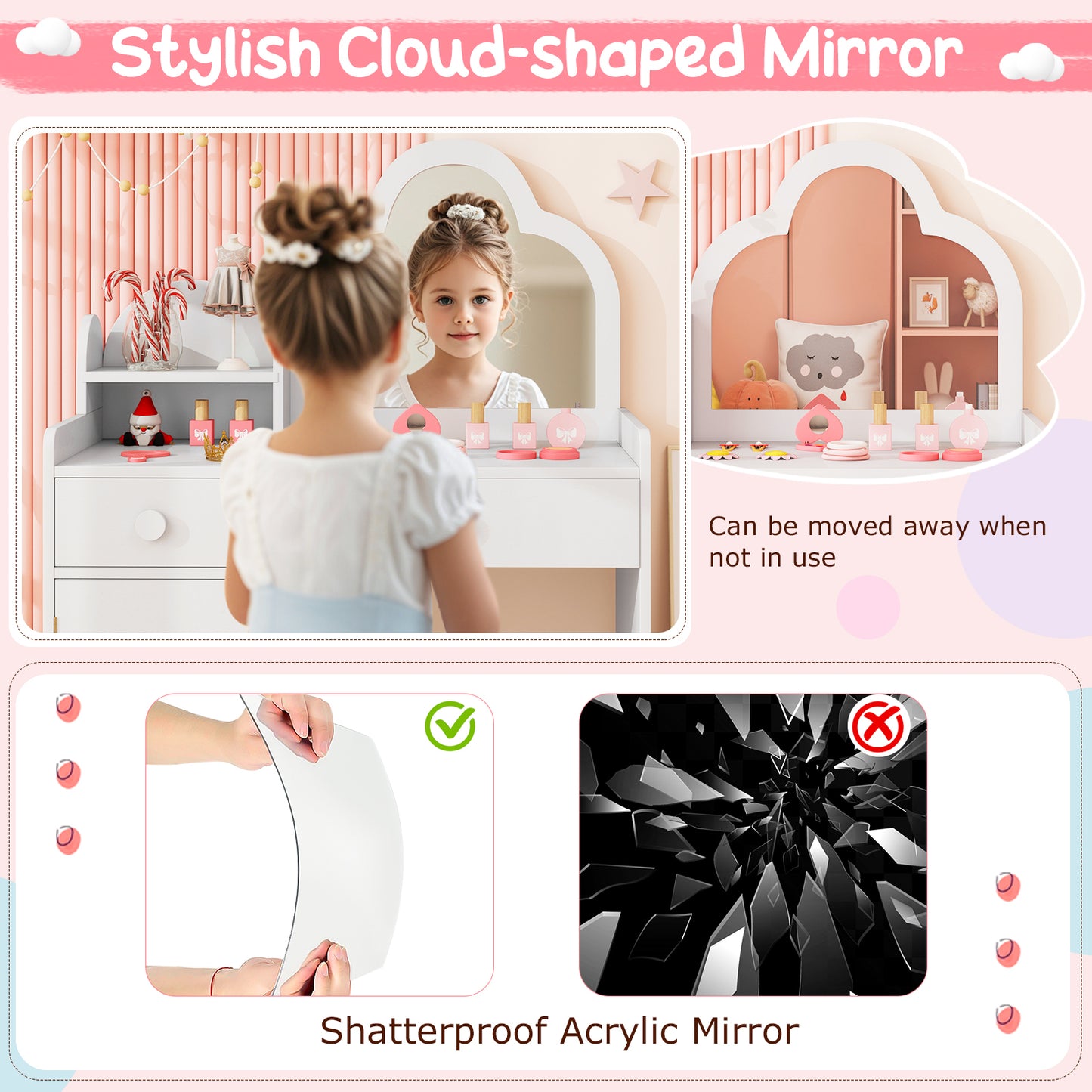 Kids Vanity Table and Chair Set with Cloud-shaped Mirror and Open Shelf-White Kids Crystal