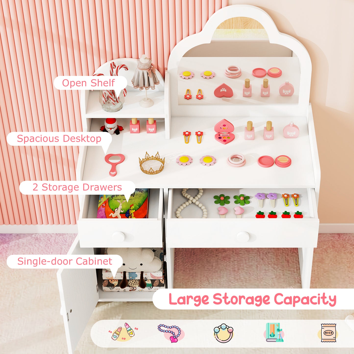 Kids Vanity Table and Chair Set with Cloud-shaped Mirror and Open Shelf-White Kids Crystal