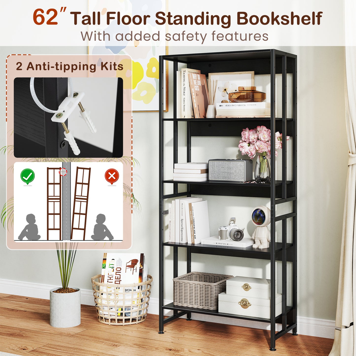 5-Tier Bookshelf with Adjustable and Tiltable Shelves-Black Kids Crystal