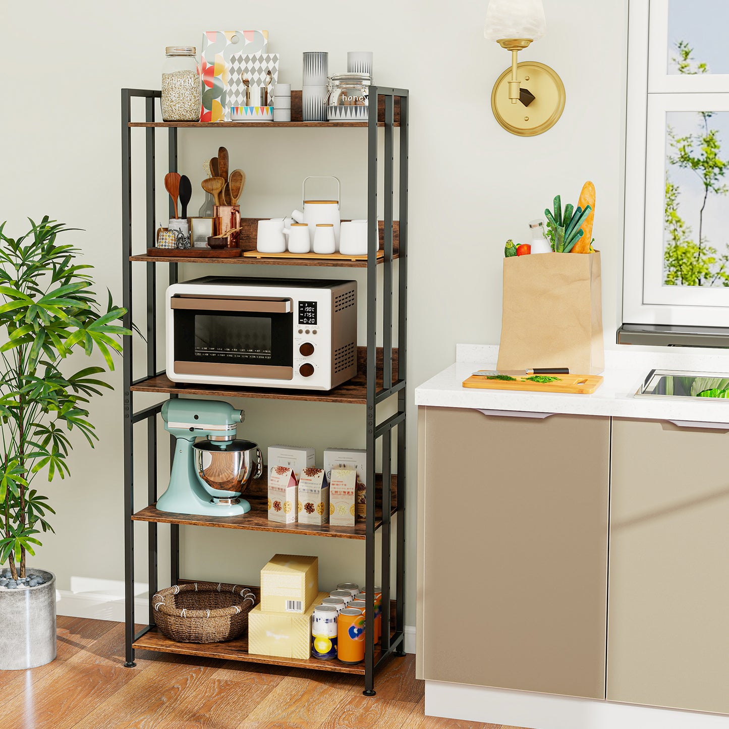 5-Tier Bookshelf with Adjustable and Tiltable Shelves-Rustic Brown Kids Crystal