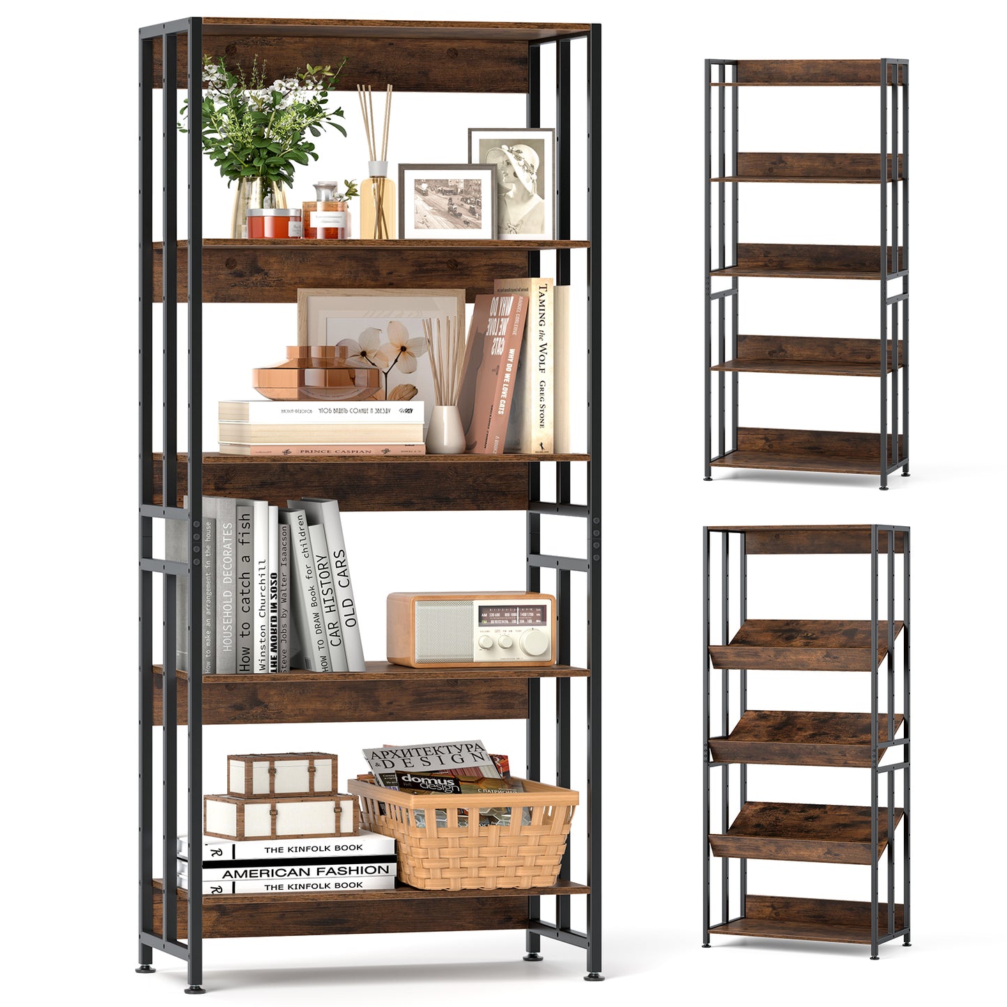 5-Tier Bookshelf with Adjustable and Tiltable Shelves-Rustic Brown Kids Crystal