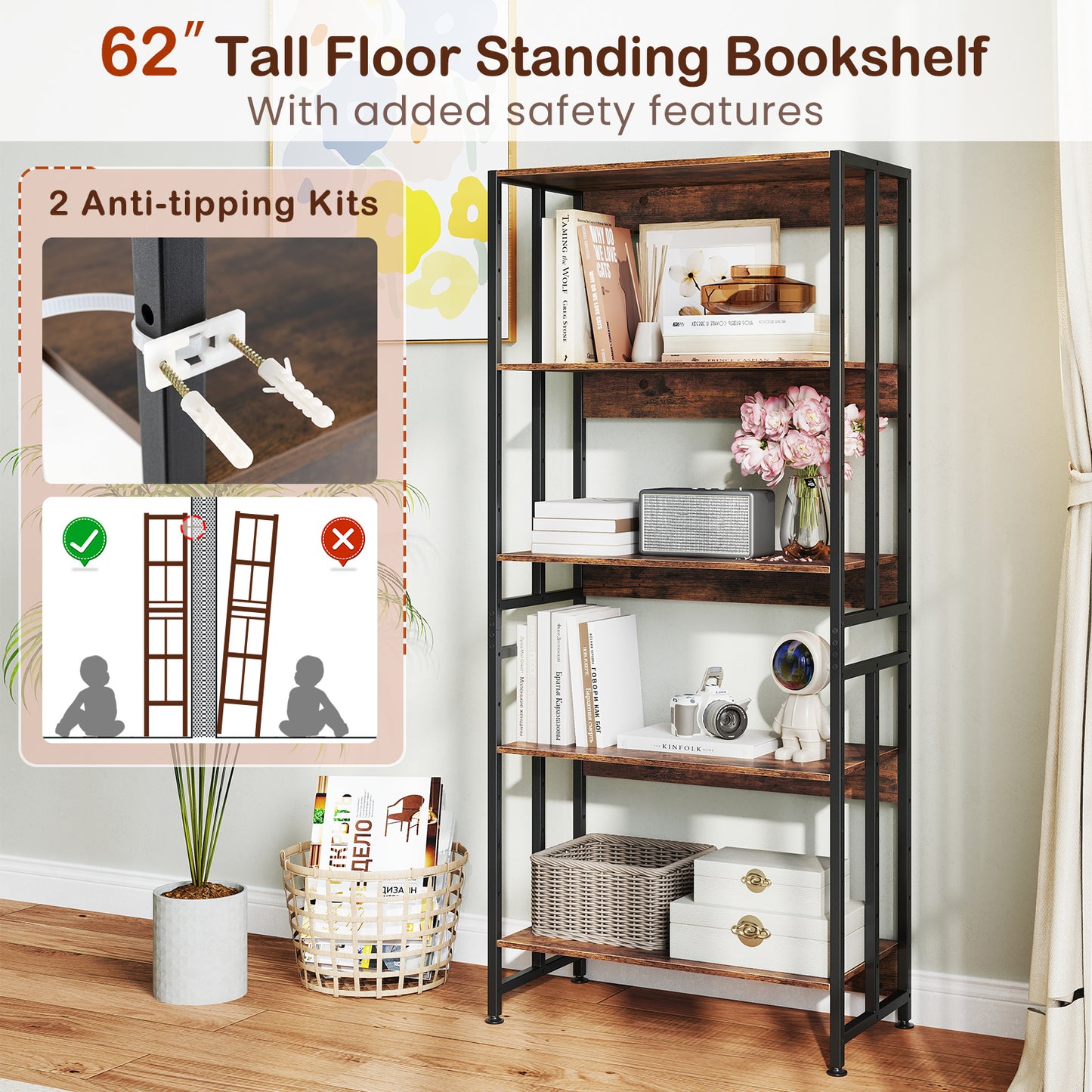 5-Tier Bookshelf with Adjustable and Tiltable Shelves-Rustic Brown Kids Crystal