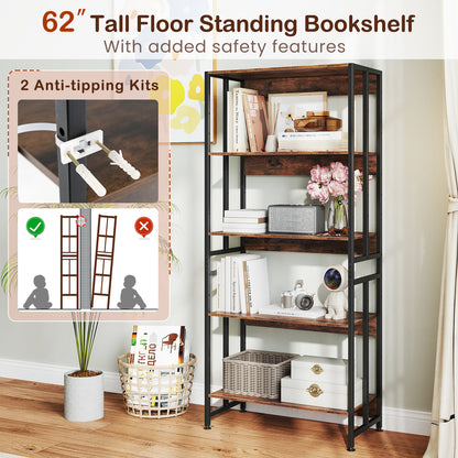 5-Tier Bookshelf with Adjustable and Tiltable Shelves-Rustic Brown
