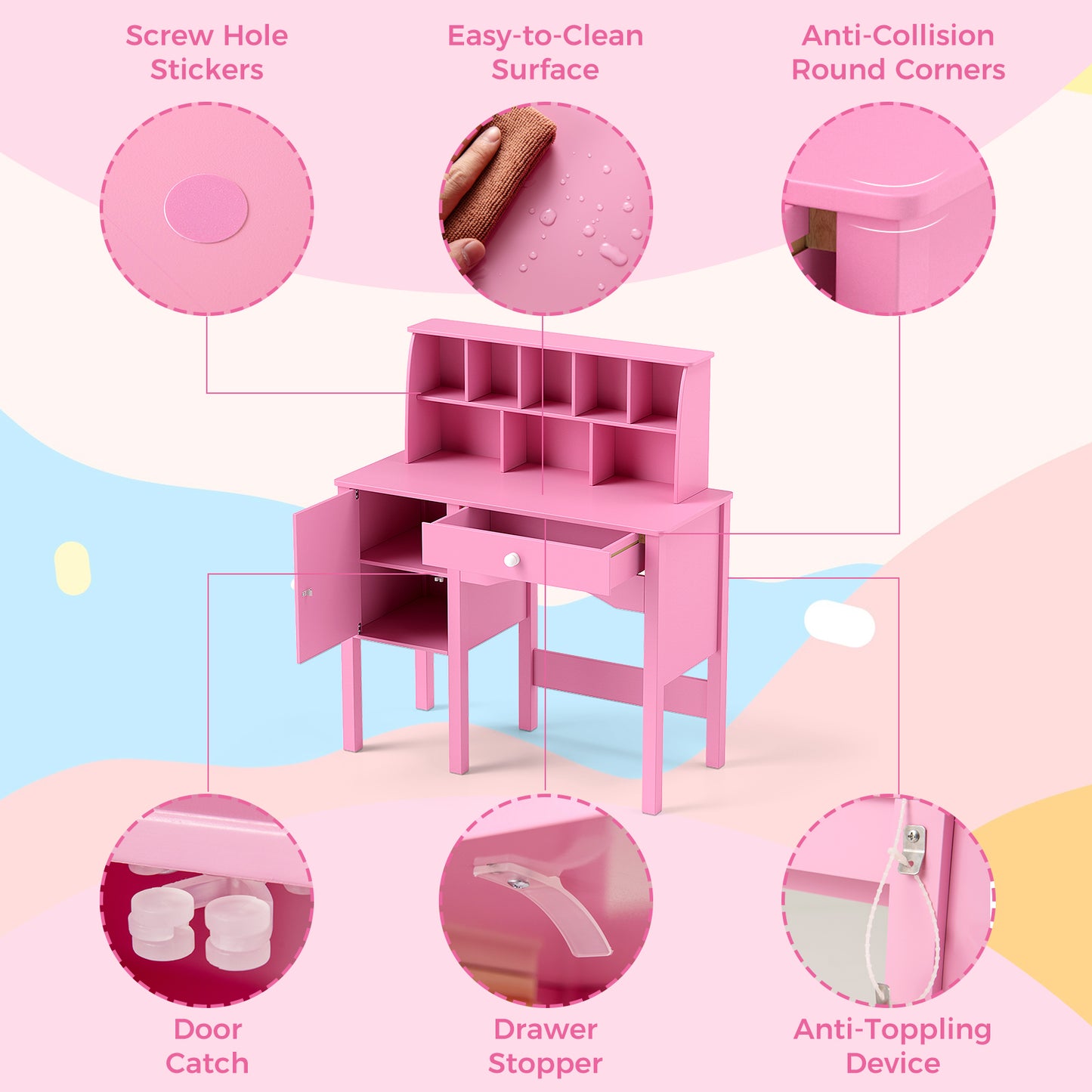 Kids Study Desk and Chair Set with Chair Hutch and Storage Cabinet for 3+ Years Old-Pink Kids Crystal