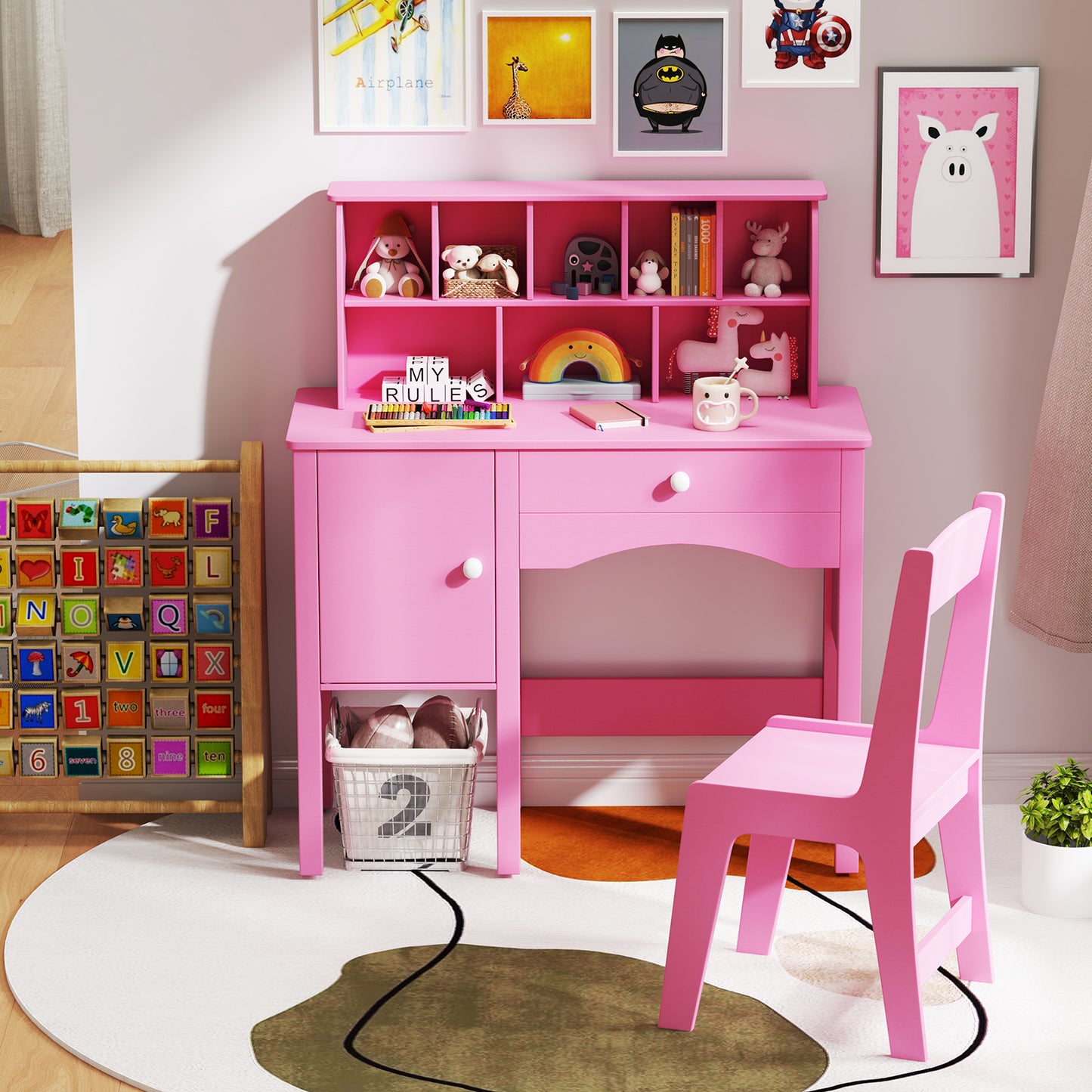 Kids Study Desk and Chair Set with Chair Hutch and Storage Cabinet for 3+ Years Old-Pink Kids Crystal