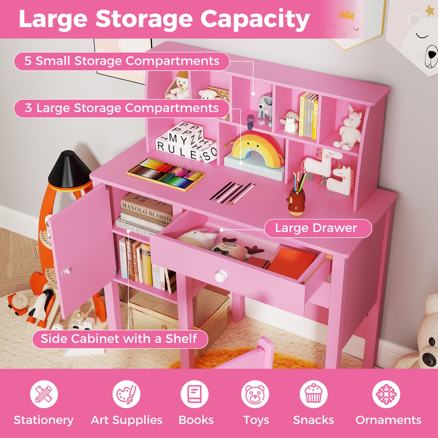 Kids Study Desk and Chair Set with Chair Hutch and Storage Cabinet for 3+ Years Old-Pink Kids Crystal