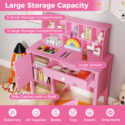 Kids Study Desk and Chair Set with Chair Hutch and Storage Cabinet for 3+ Years Old-Pink