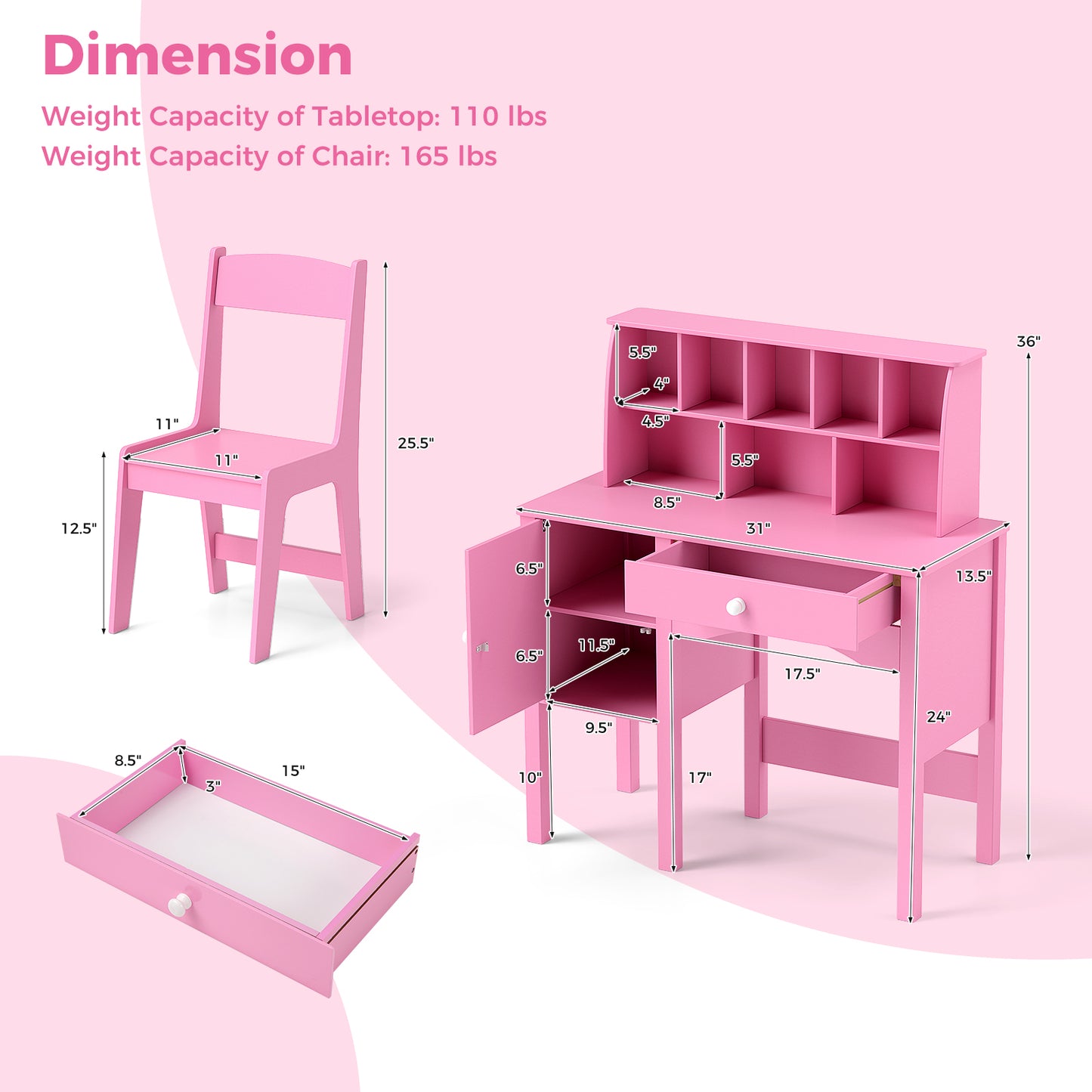 Kids Study Desk and Chair Set with Chair Hutch and Storage Cabinet for 3+ Years Old-Pink Kids Crystal