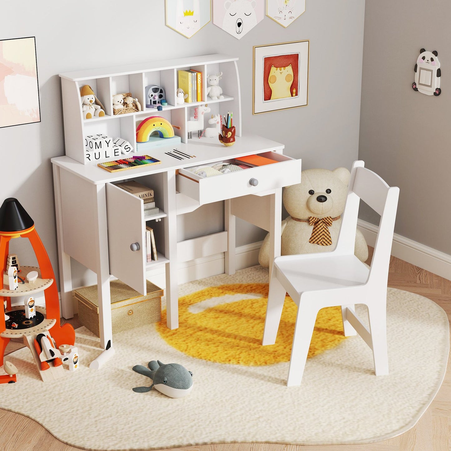 Kids Study Desk and Chair Set with Chair Hutch and Storage Cabinet for 3+ Years Old-White Kids Crystal