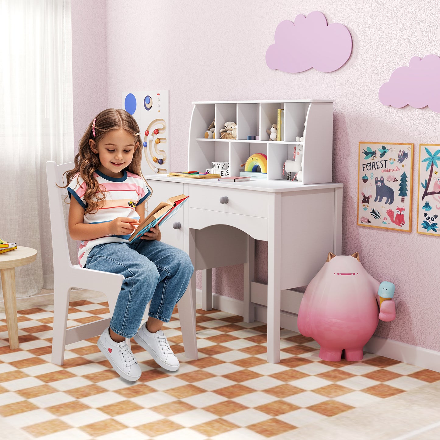 Kids Study Desk and Chair Set with Chair Hutch and Storage Cabinet for 3+ Years Old-White Kids Crystal