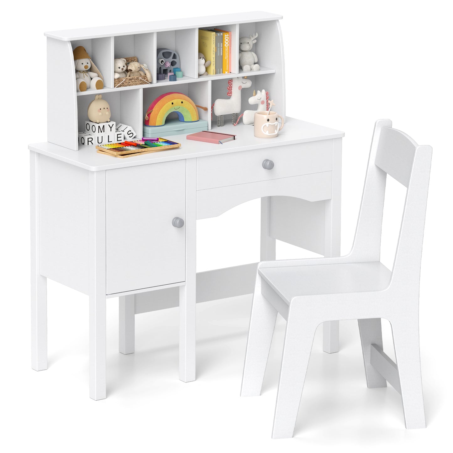 Kids Study Desk and Chair Set with Chair Hutch and Storage Cabinet for 3+ Years Old-White Kids Crystal