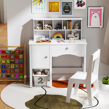 Kids Study Desk and Chair Set with Chair Hutch and Storage Cabinet for 3+ Years Old-White
