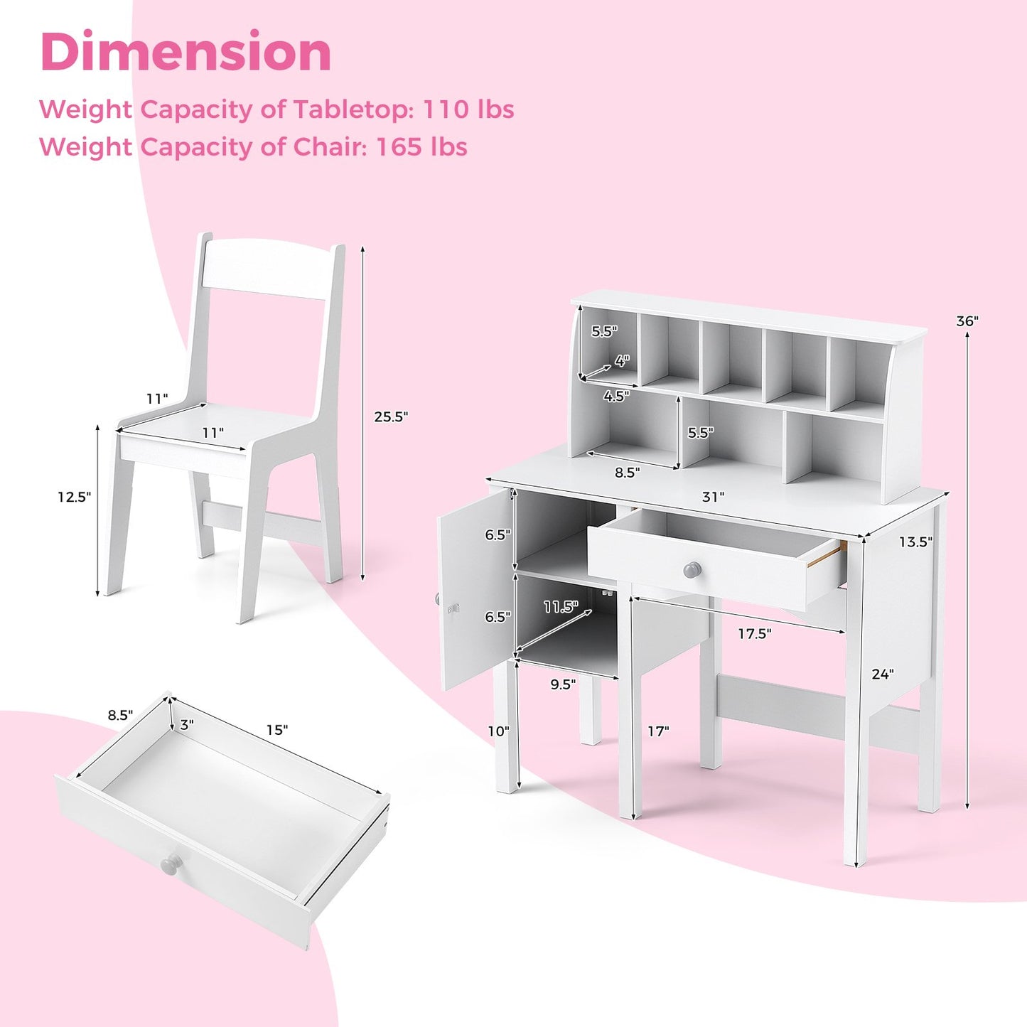 Kids Study Desk and Chair Set with Chair Hutch and Storage Cabinet for 3+ Years Old-White Kids Crystal
