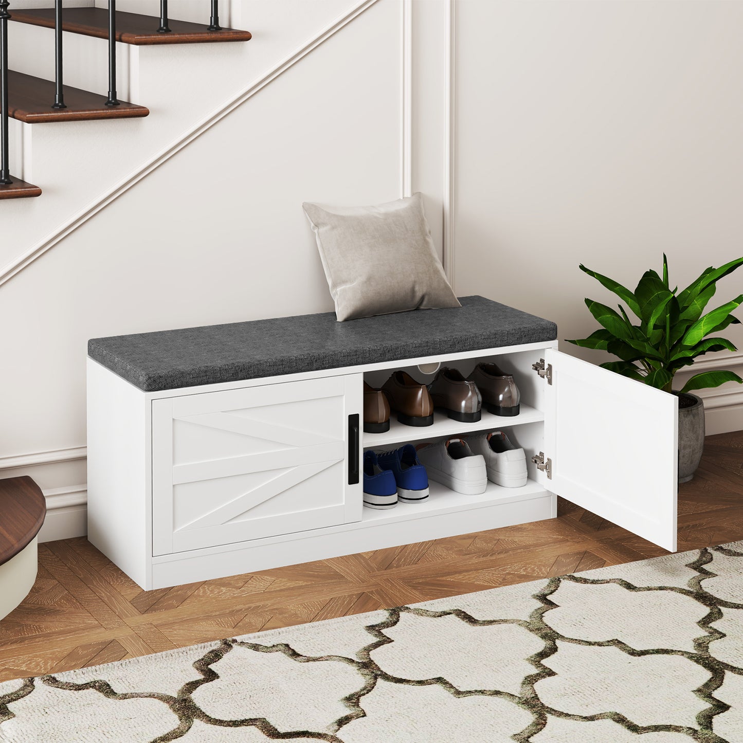 Shoe Bench with Cushion Farmhouse Shoe Rack Organizer with 2 Barn Doors-White Kids Crystal