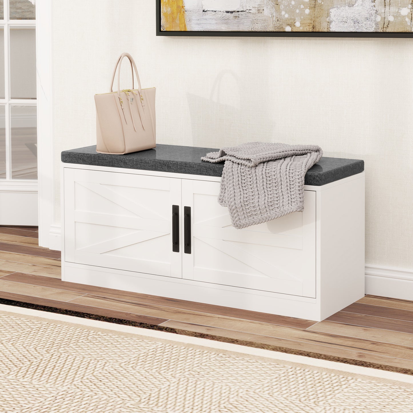 Shoe Bench with Cushion Farmhouse Shoe Rack Organizer with 2 Barn Doors-White Kids Crystal