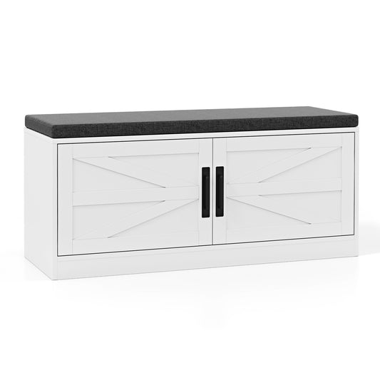 Shoe Bench with Cushion Farmhouse Shoe Rack Organizer with 2 Barn Doors-White Kids Crystal