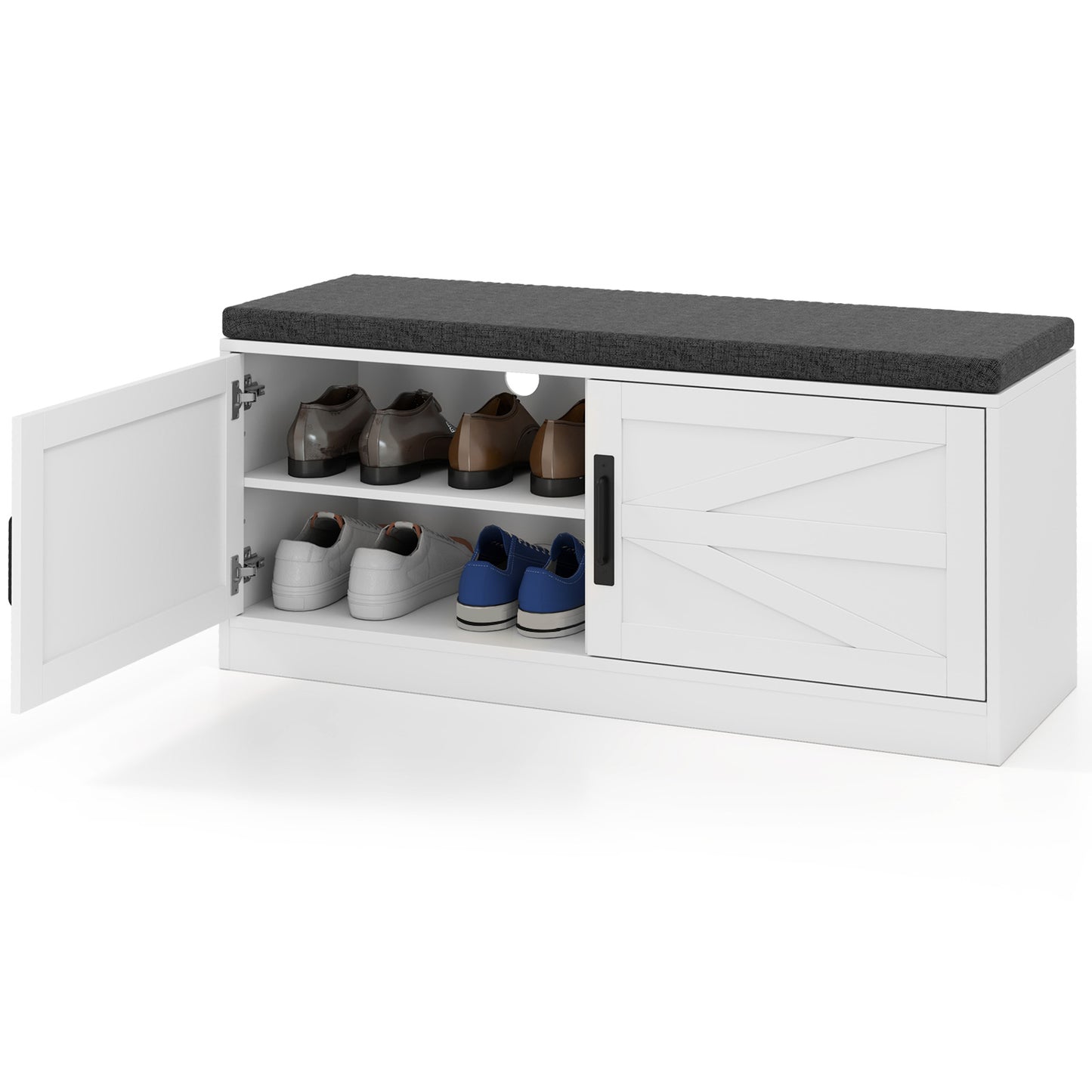 Shoe Bench with Cushion Farmhouse Shoe Rack Organizer with 2 Barn Doors-White Kids Crystal
