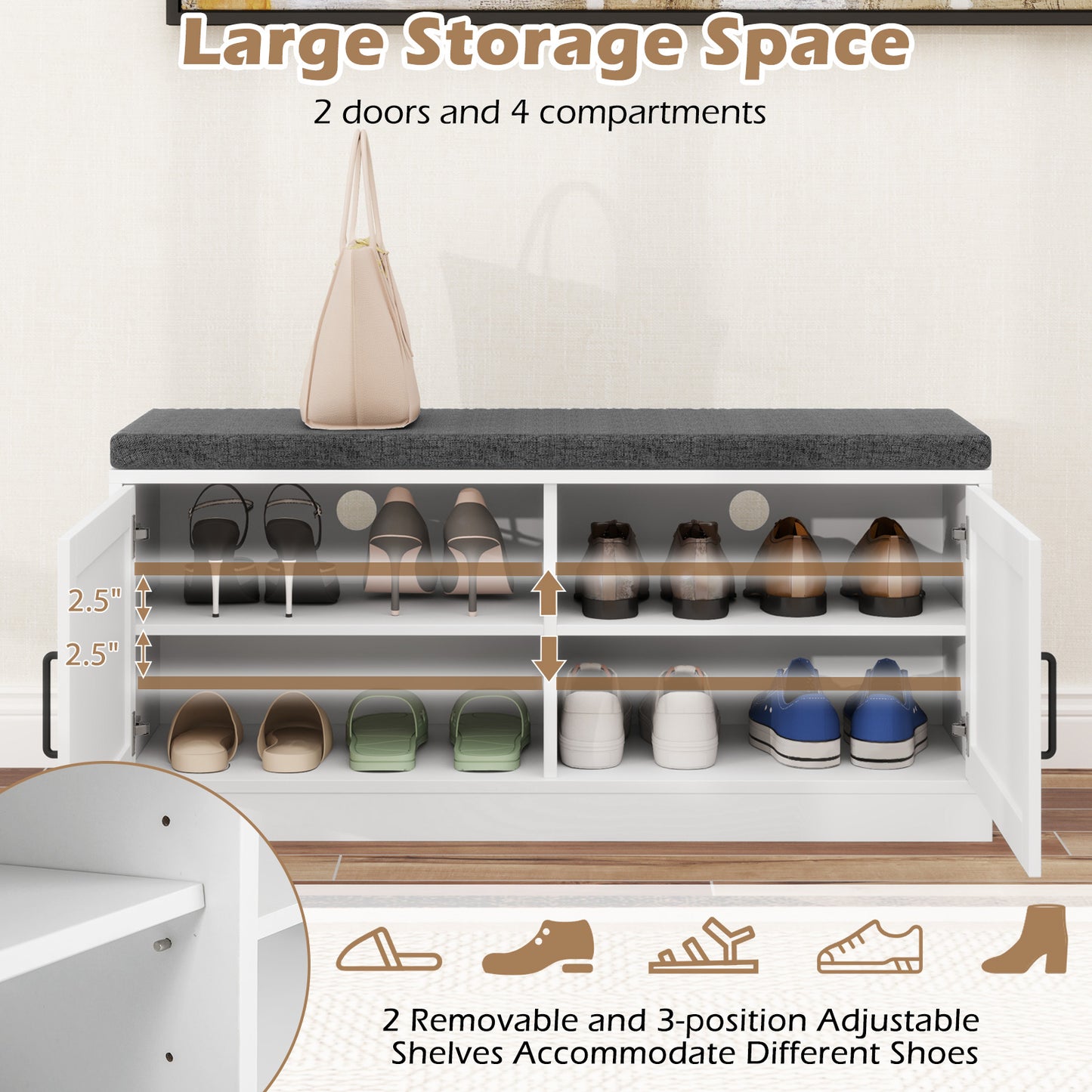 Shoe Bench with Cushion Farmhouse Shoe Rack Organizer with 2 Barn Doors-White Kids Crystal