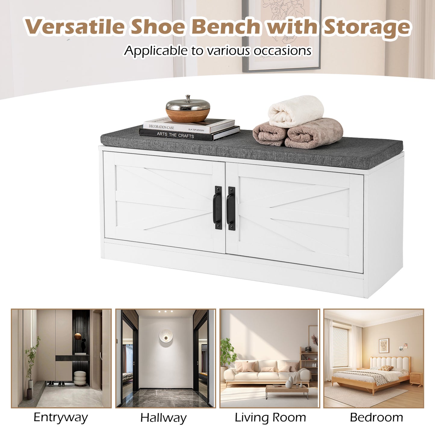 Shoe Bench with Cushion Farmhouse Shoe Rack Organizer with 2 Barn Doors-White Kids Crystal