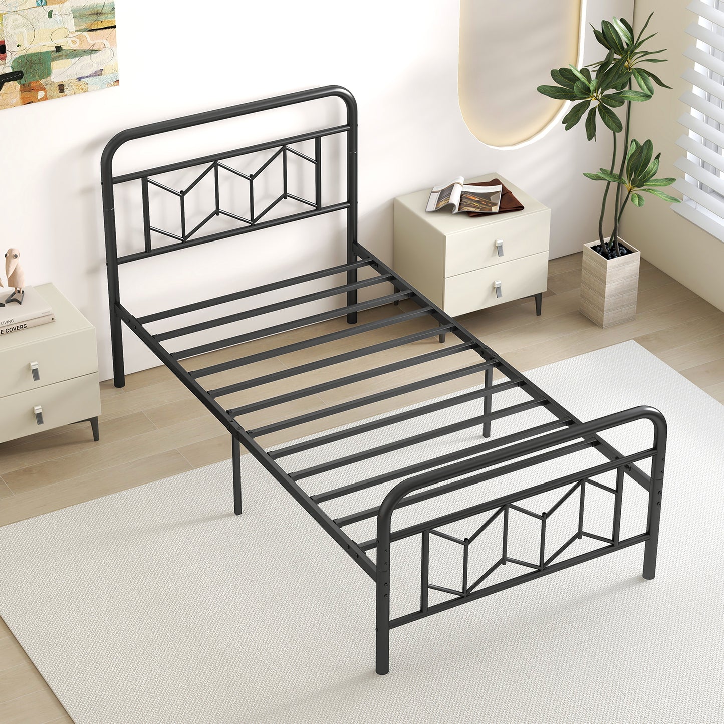 Platform Bed with High Headboard and Snap Lock Metal Slats-Twin Size Kids Crystal