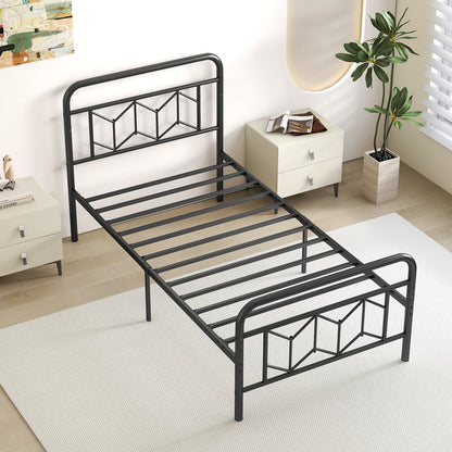 Platform Bed with High Headboard and Snap Lock Metal Slats-Twin Size