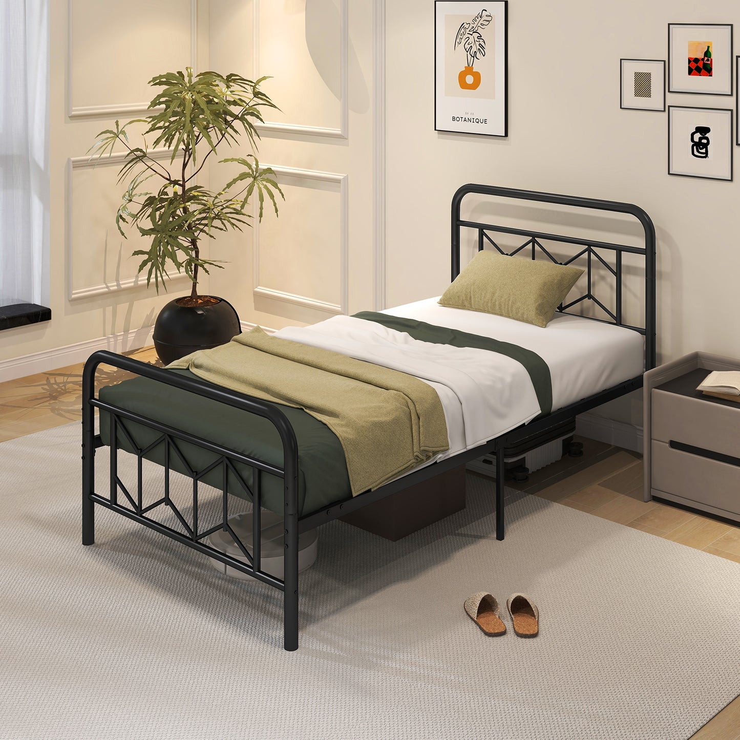 Platform Bed with High Headboard and Snap Lock Metal Slats-Twin Size Kids Crystal