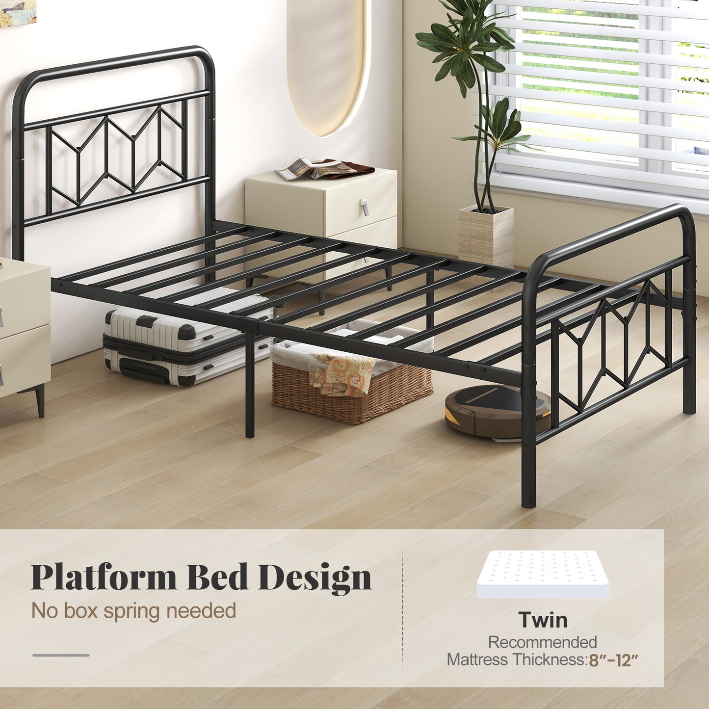 Platform Bed with High Headboard and Snap Lock Metal Slats-Twin Size Kids Crystal