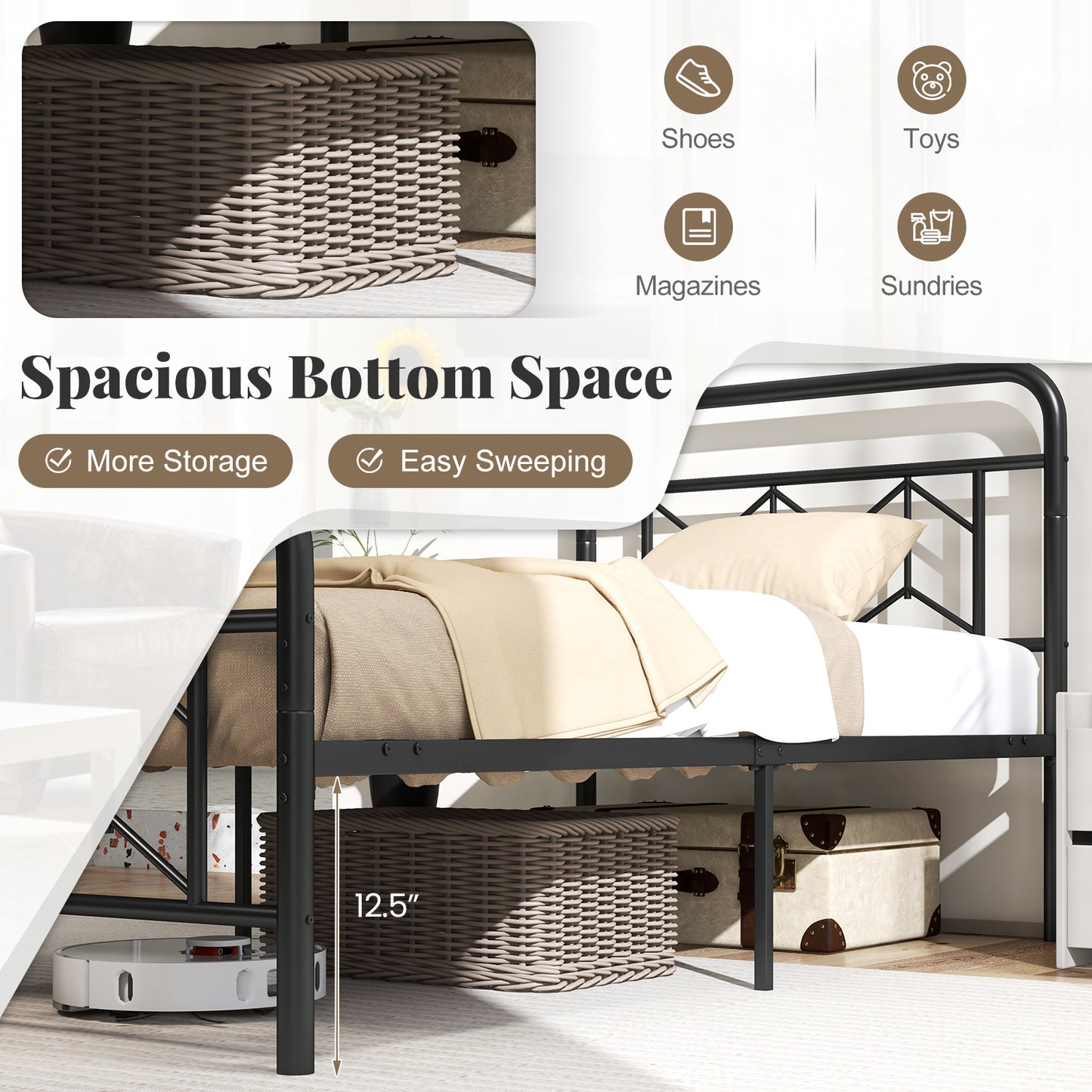 Platform Bed with High Headboard and Snap Lock Metal Slats-Twin Size Kids Crystal