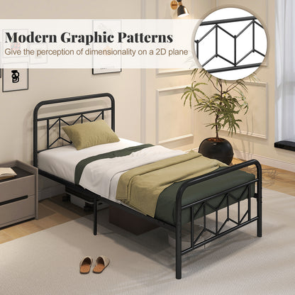 Platform Bed with High Headboard and Snap Lock Metal Slats-Twin Size