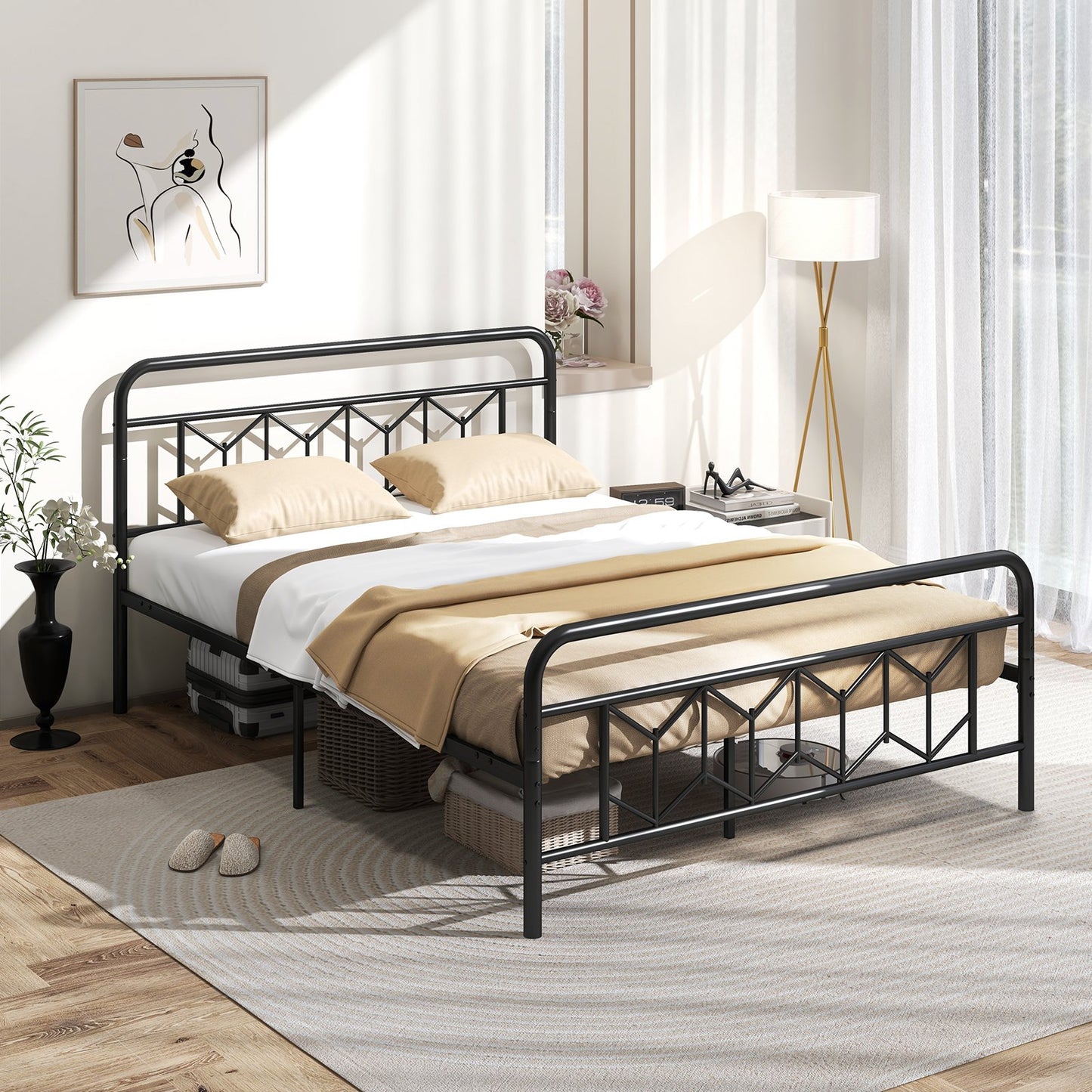 Platform Bed with High Headboard and Snap Lock Metal Slats-Queen Size Kids Crystal