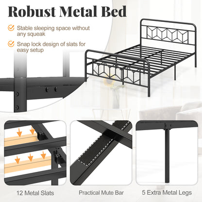 Platform Bed with High Headboard and Snap Lock Metal Slats-Queen Size
