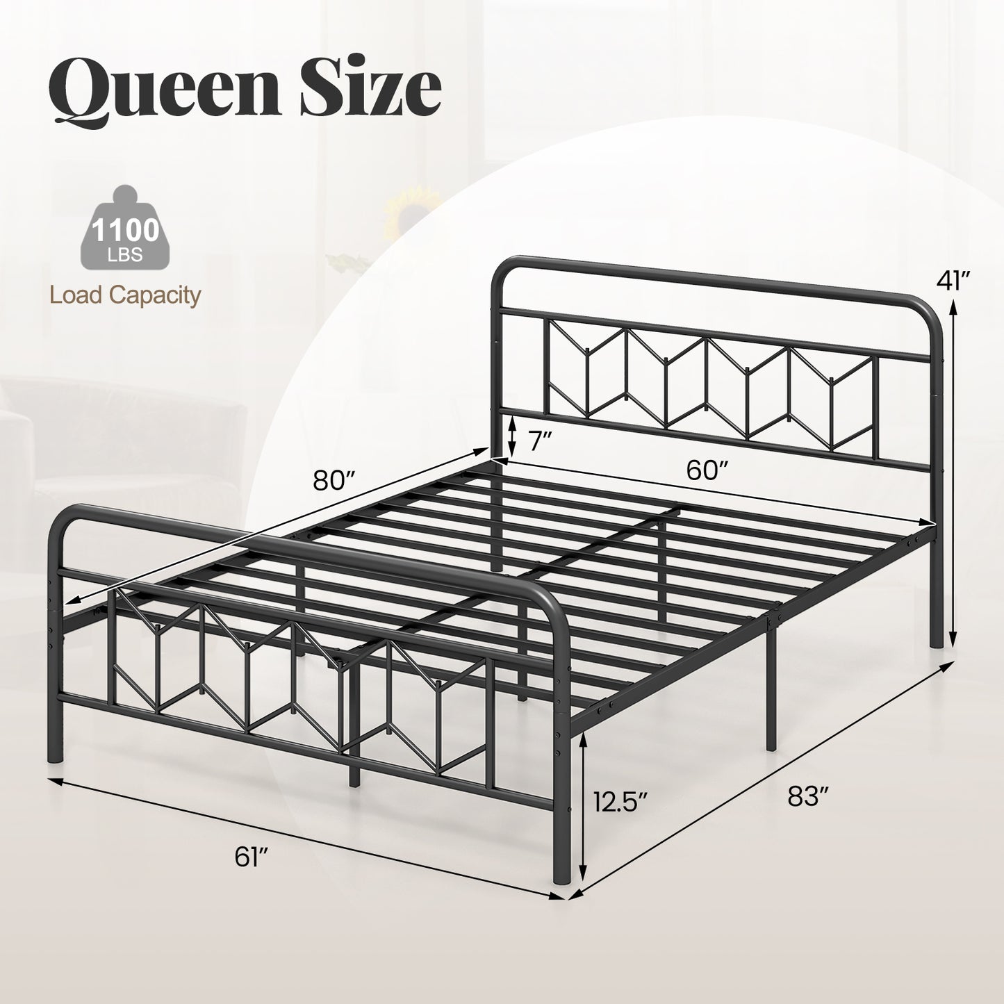 Platform Bed with High Headboard and Snap Lock Metal Slats-Queen Size Kids Crystal