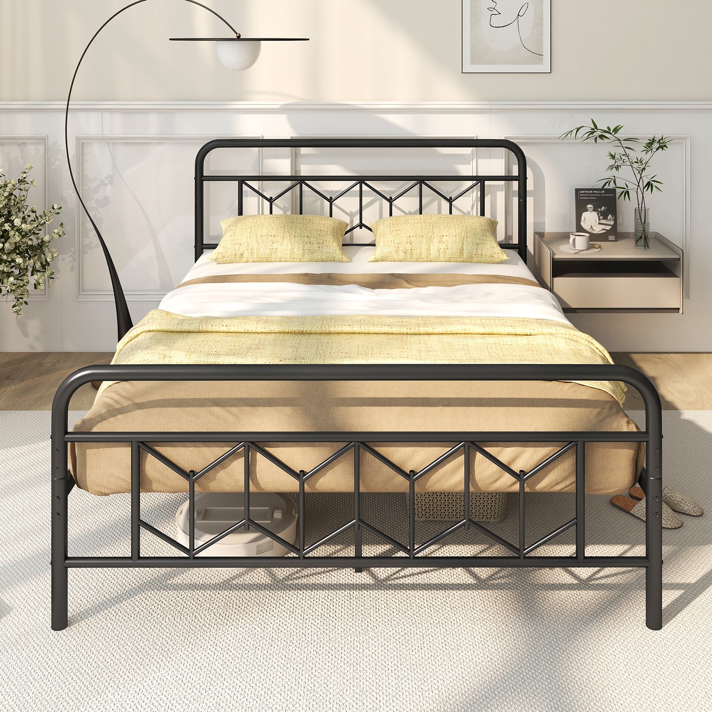 Platform Bed with High Headboard and Snap Lock Metal Slats-Queen Size Kids Crystal