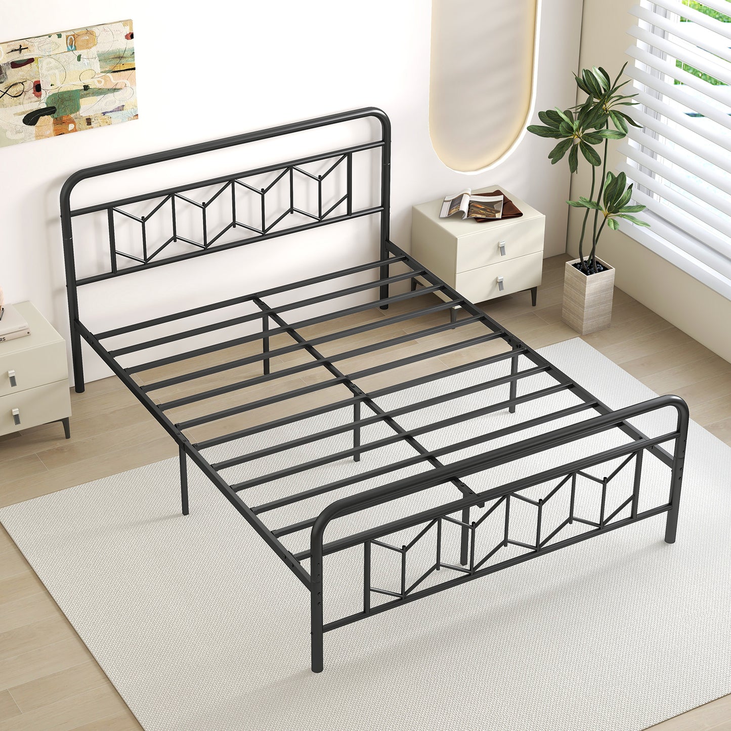 Platform Bed with High Headboard and Snap Lock Metal Slats-Queen Size Kids Crystal