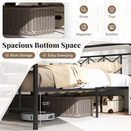 Platform Bed with High Headboard and Snap Lock Metal Slats-Queen Size