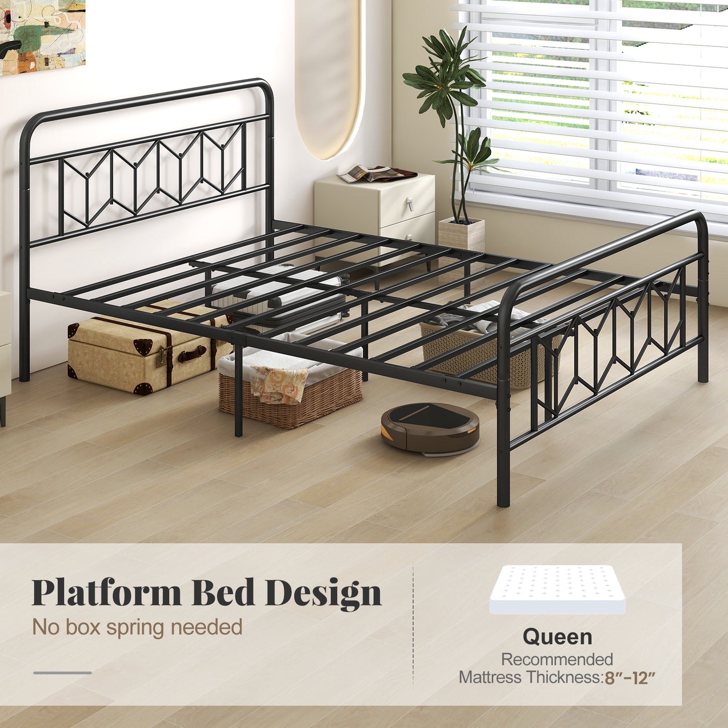 Platform Bed with High Headboard and Snap Lock Metal Slats-Queen Size Kids Crystal