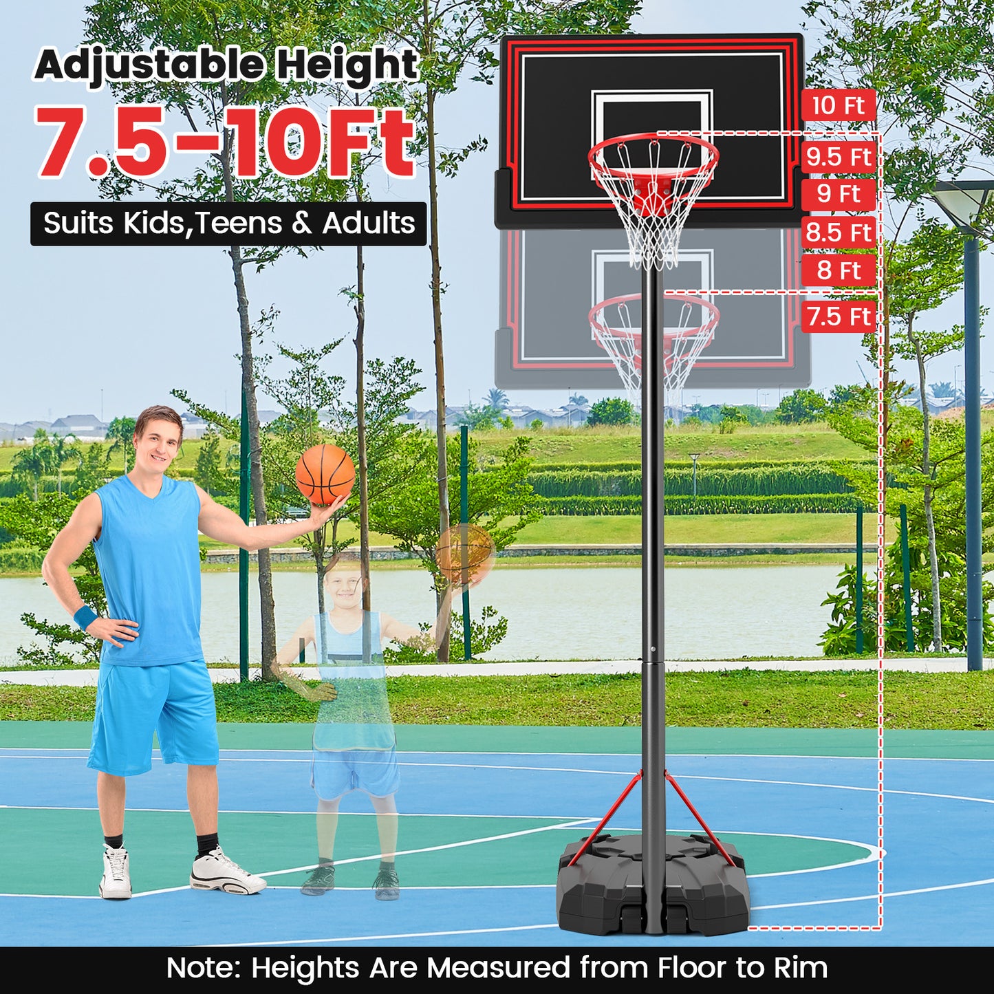 Portable Basketball Hoop with 7.5-10 FT Height Adjustable Kids Crystal