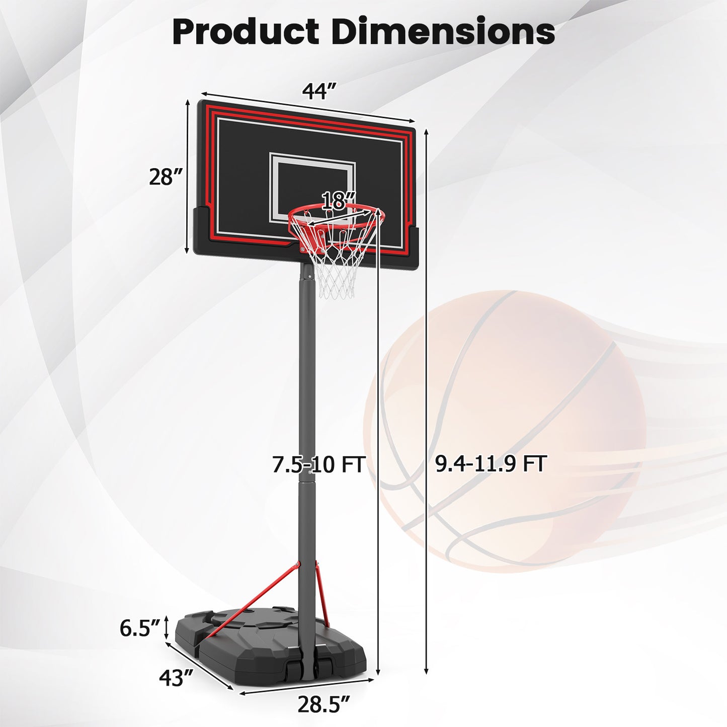 Portable Basketball Hoop with 7.5-10 FT Height Adjustable Kids Crystal