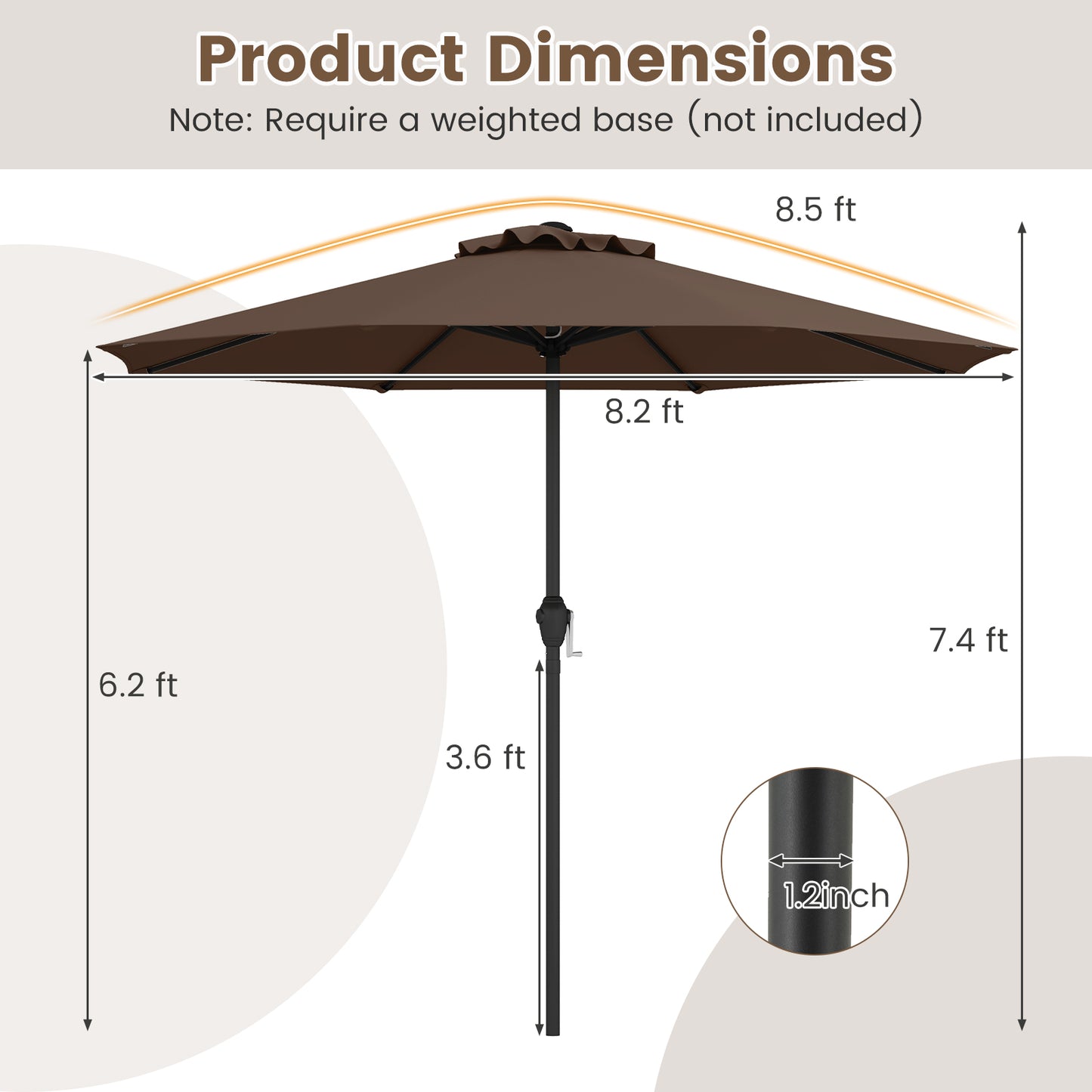Outdoor Heavy Duty Market Umbrella with Crank Handle and 8 Sturdy Ribs-Brown Kids Crystal