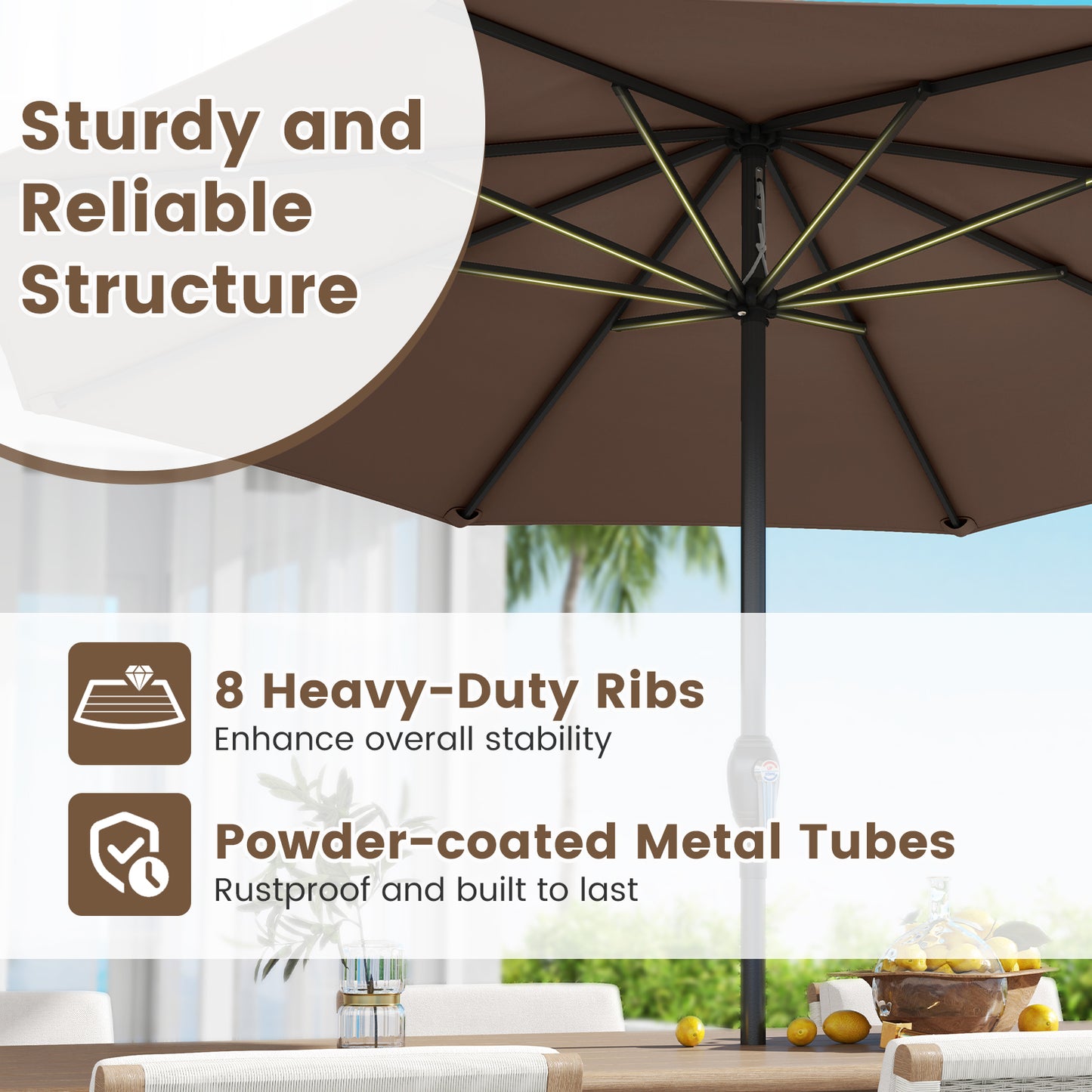 Outdoor Heavy Duty Market Umbrella with Crank Handle and 8 Sturdy Ribs-Brown Kids Crystal