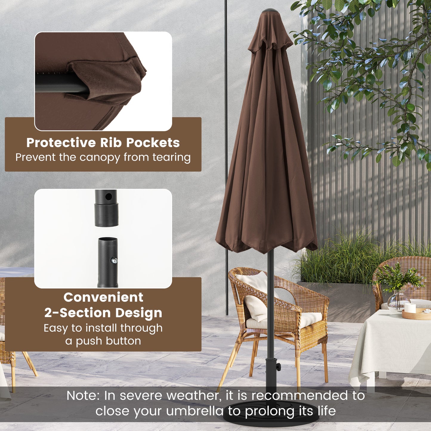 Outdoor Heavy Duty Market Umbrella with Crank Handle and 8 Sturdy Ribs-Brown Kids Crystal