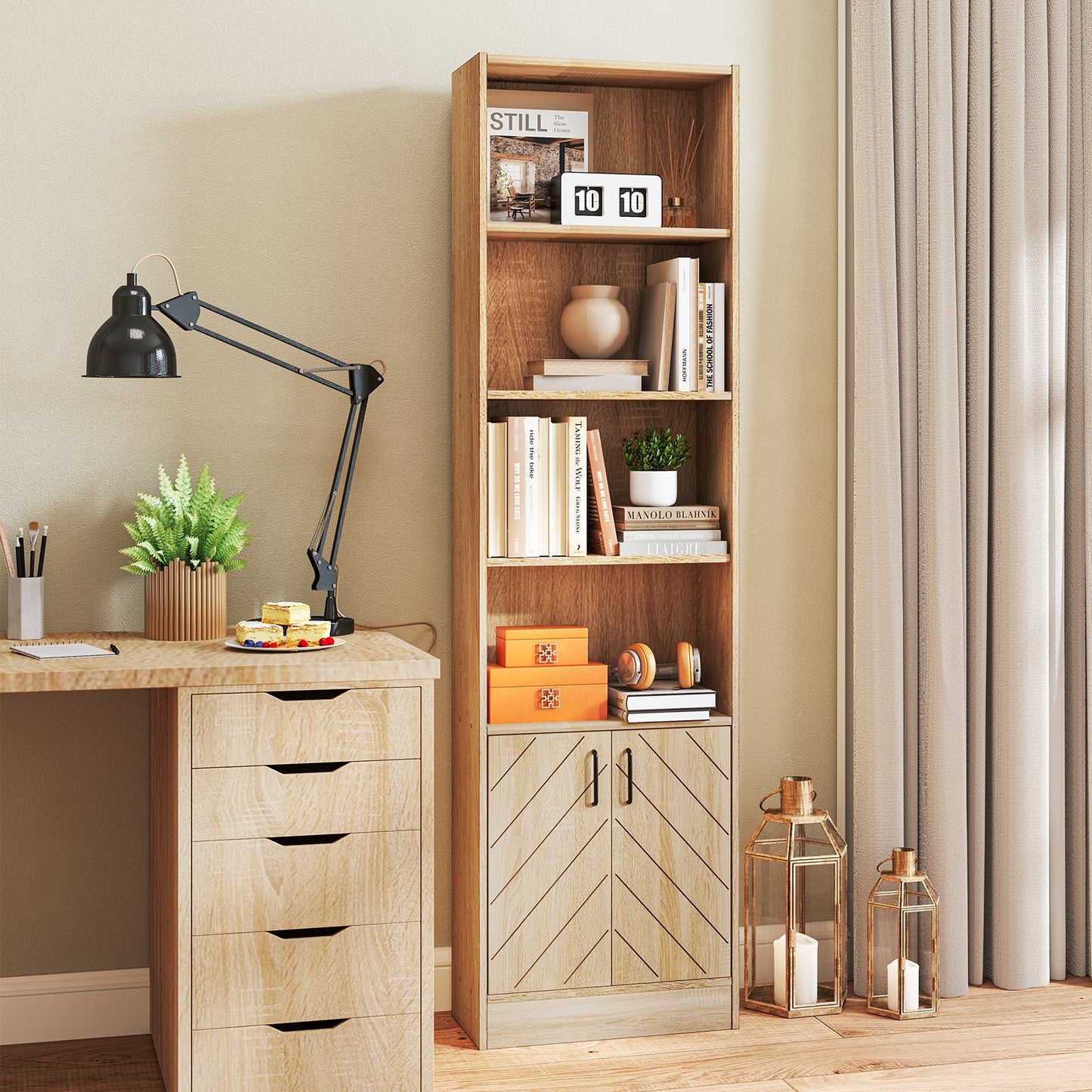 71 Inch 6-Tier Tall Bookshelf with Double Doors 4 Open Cubes-Oak Kids Crystal