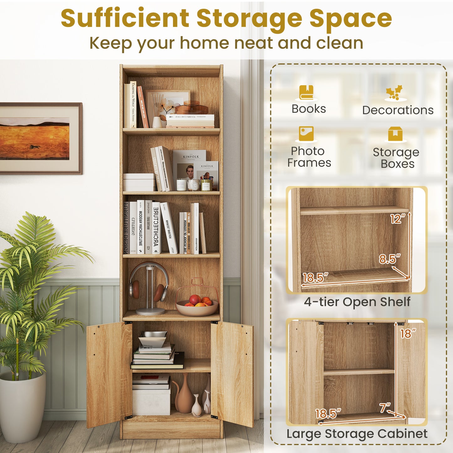 71 Inch 6-Tier Tall Bookshelf with Double Doors 4 Open Cubes-Oak Kids Crystal