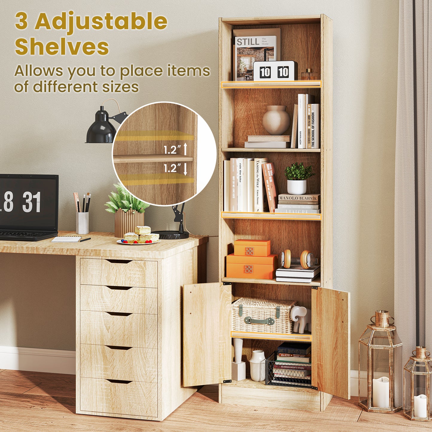 71 Inch 6-Tier Tall Bookshelf with Double Doors 4 Open Cubes-Oak Kids Crystal